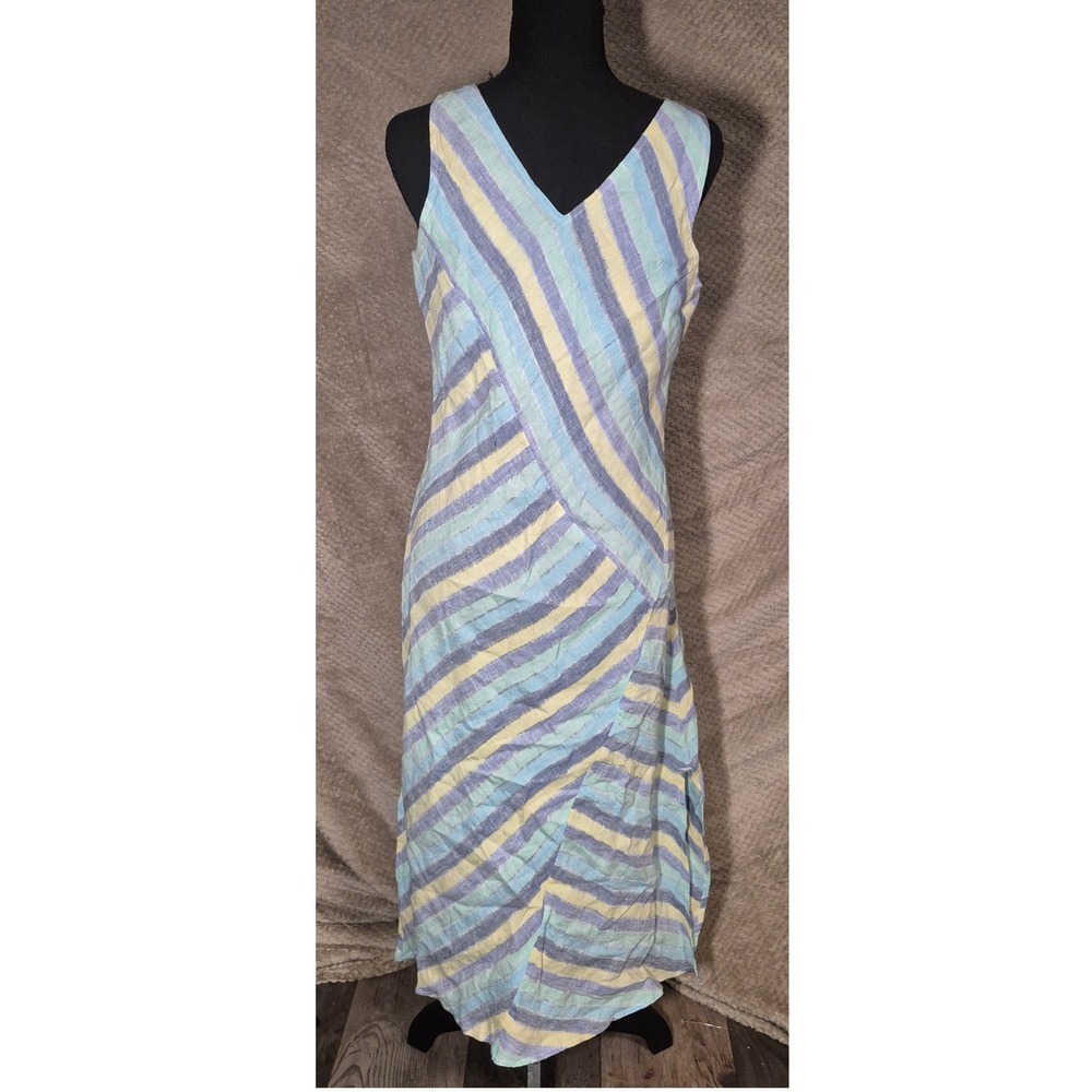 J. Jill Love Linen Striped Sleeveless Midi Dress Blue Yellow Petite Small
